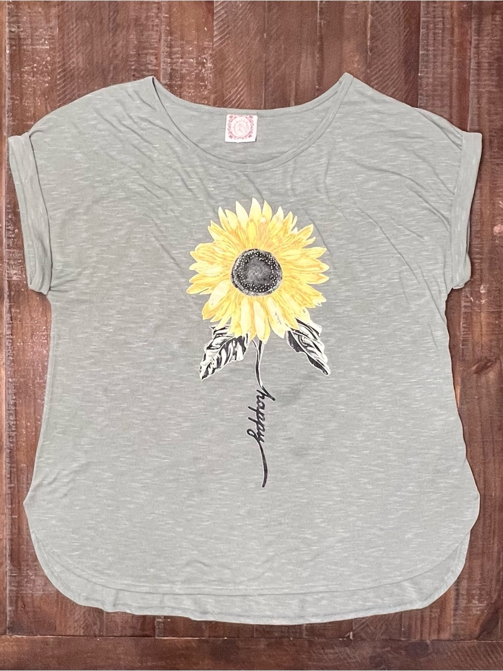 Truself Women’s Green Yellow Sunflower Graphic Scoop Neck Cap Sleeve T-Shirt